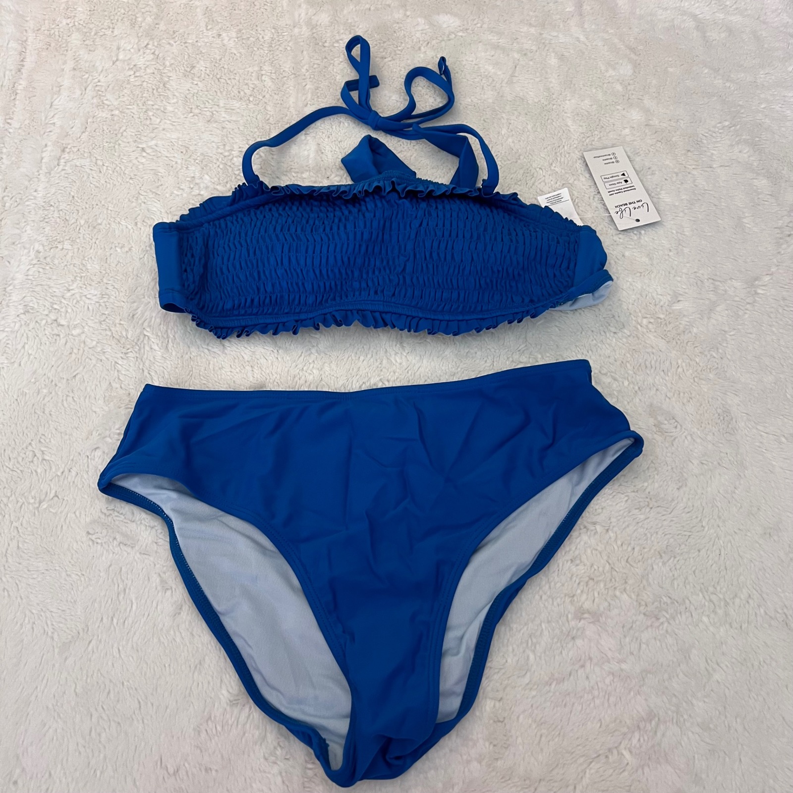 Cupshe Smocked Bandeau Bikini Set Sapphire Blue High Waisted Two Piece Small Nwt